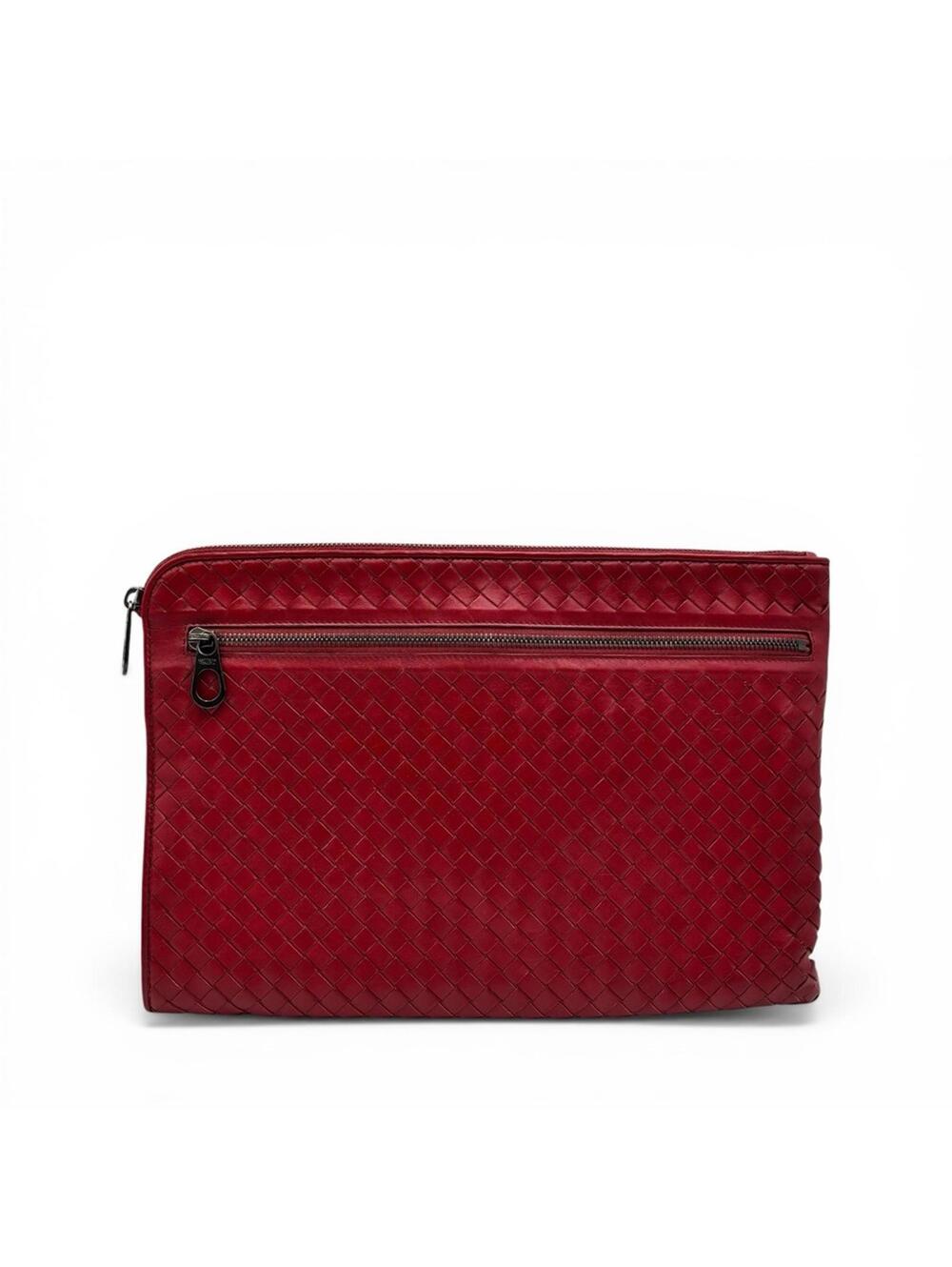Bottega Veneta Intrecciato Red Leather Document Pouch Clutch